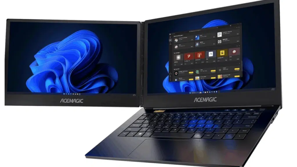 acemagic dual-screen laptop displaying Windows 11 interface showcasing multitasking and extended screen productivity setup