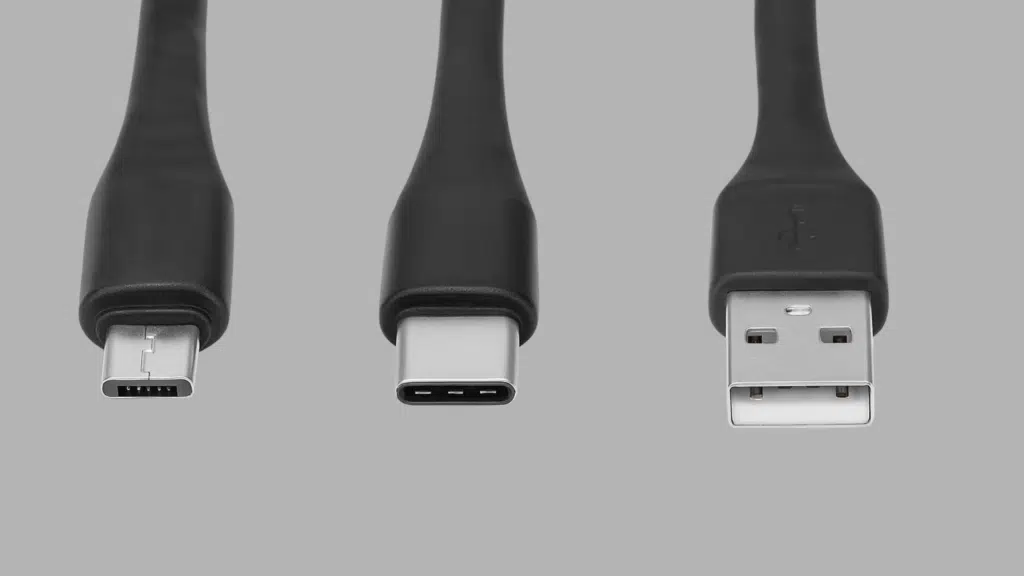 close up of usb cable connectors showing usb a micro usb and usb c tips isolated on neutral background