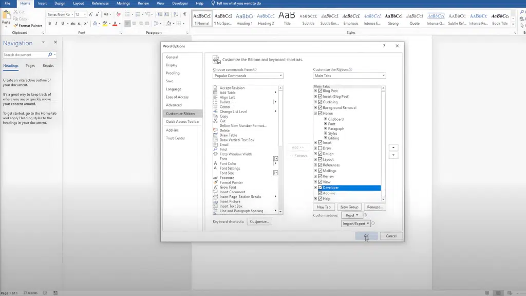 enable the developer tab
