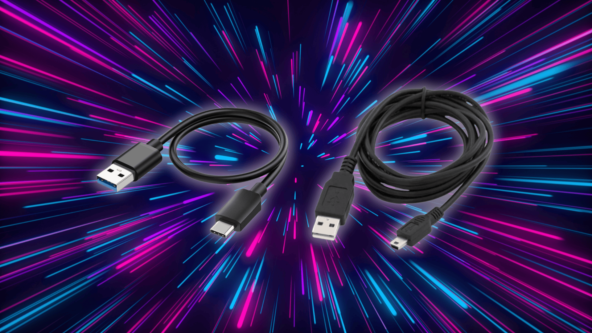 usb cables including usb a to usb c and micro usb displayed on colorful abstract background showing tech connectivity options