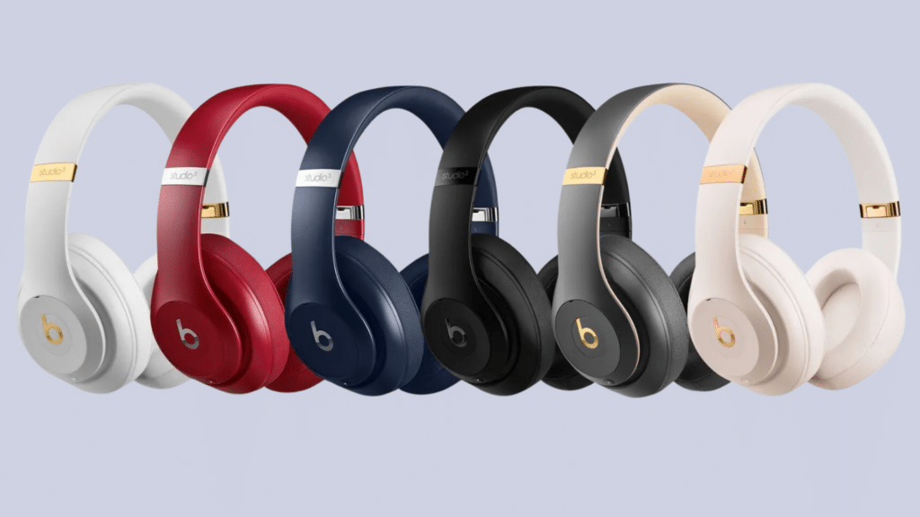 beats studio 3 headphones in white red blue black gray and beige colors lineup on clean background