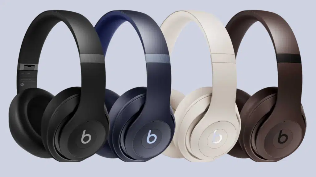 beats studio pro headphones in black blue beige and brown colors displayed side by side on light background