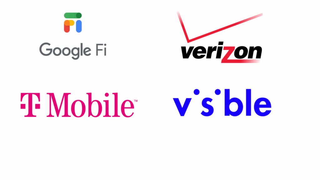 comparison of google fi, verizon, t mobile, and visible carrier logos