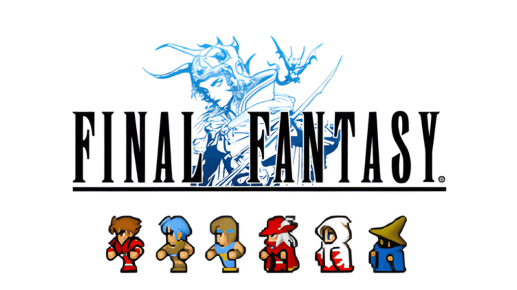 final fantasy i logo with blue warrior artwork and pixel characters lineup on white background