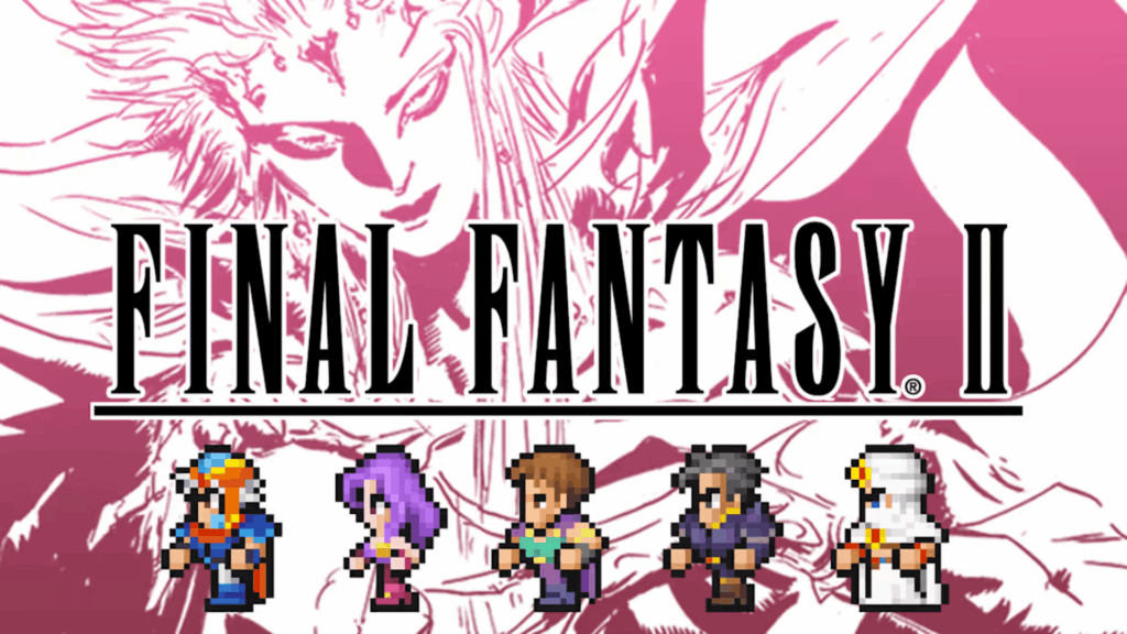 final fantasy ii logo with pink artwork and pixel characters lineup on light background