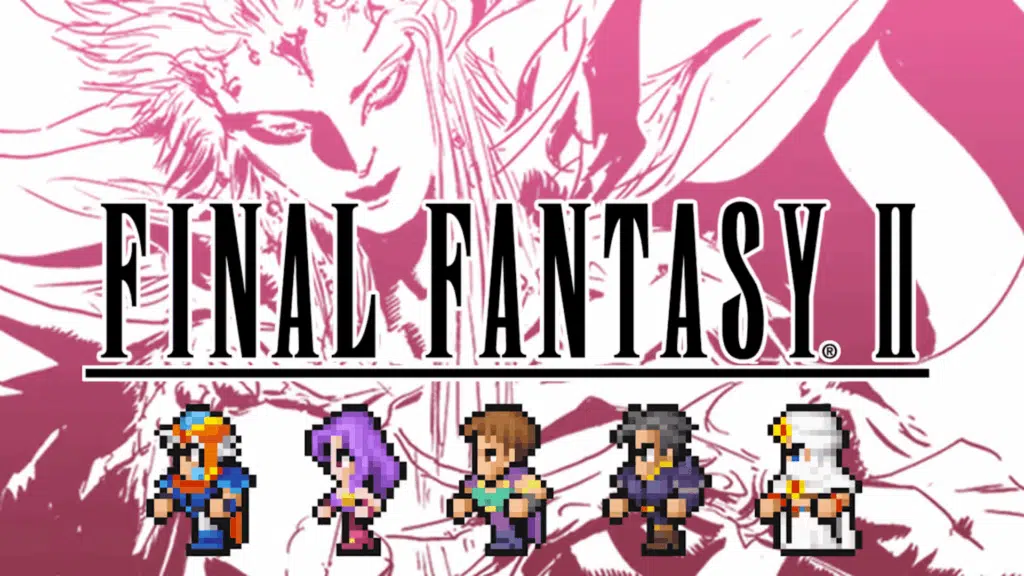 final fantasy ii logo with pink artwork and pixel characters lineup on light background