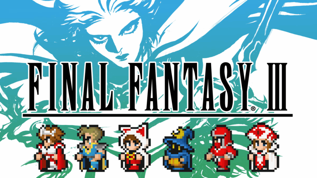 final fantasy iii logo with teal artwork and pixel characters lineup beneath title