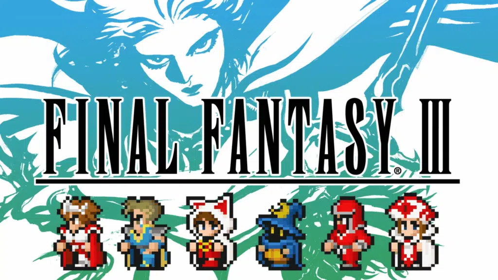 final fantasy iii logo with teal artwork and pixel characters lineup beneath title