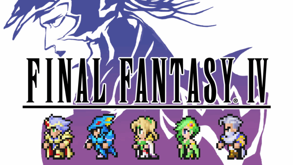 final fantasy iv logo with purple artwork and pixel characters lineup below title
