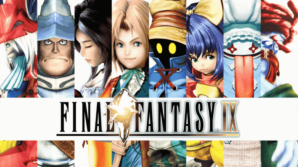 final fantasy ix logo with main characters portraits in vertical collage style