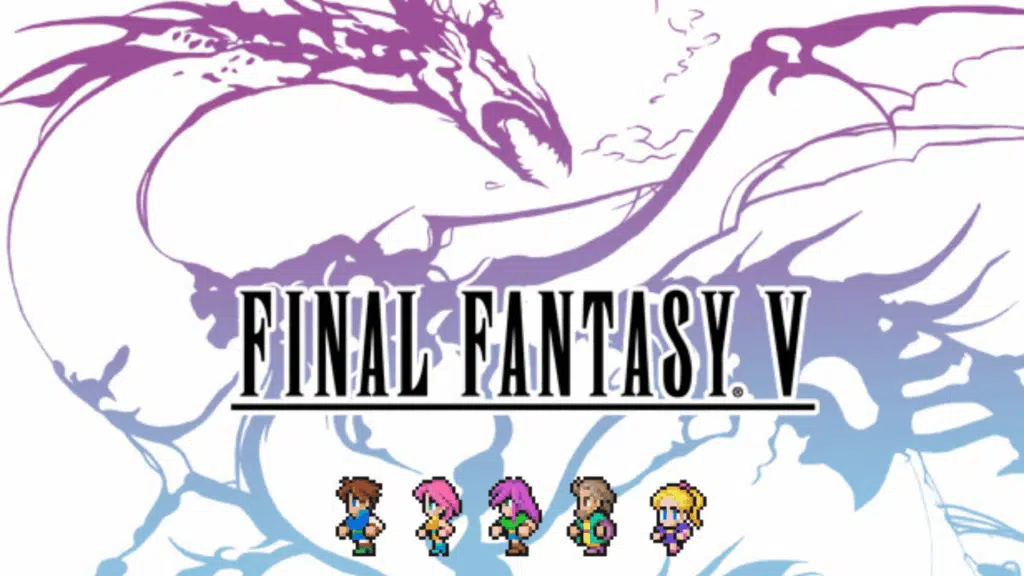 final fantasy v logo with dragon artwork and pixel characters lineup under title