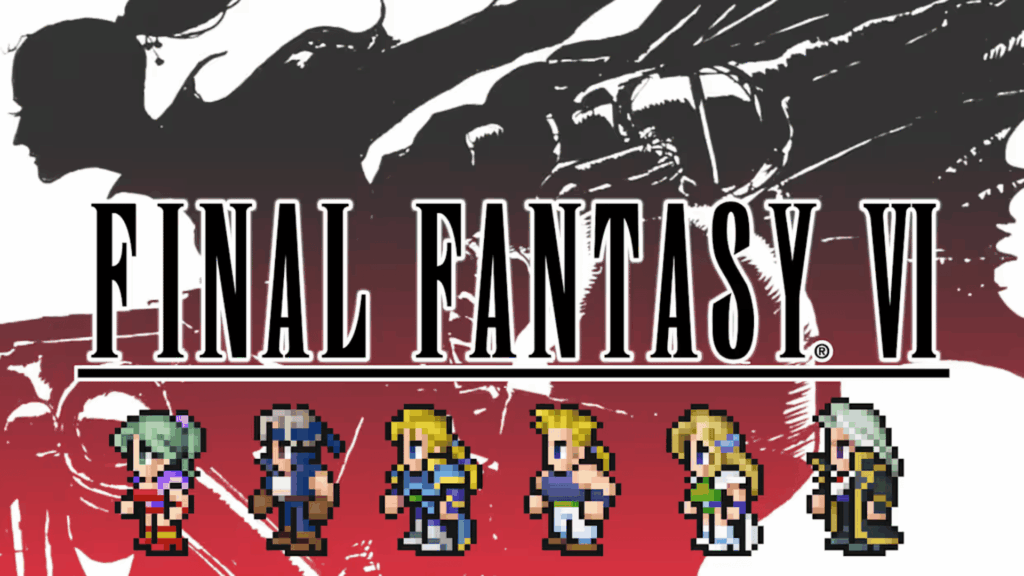 final fantasy vi logo with mech artwork and pixel characters lineup beneath title