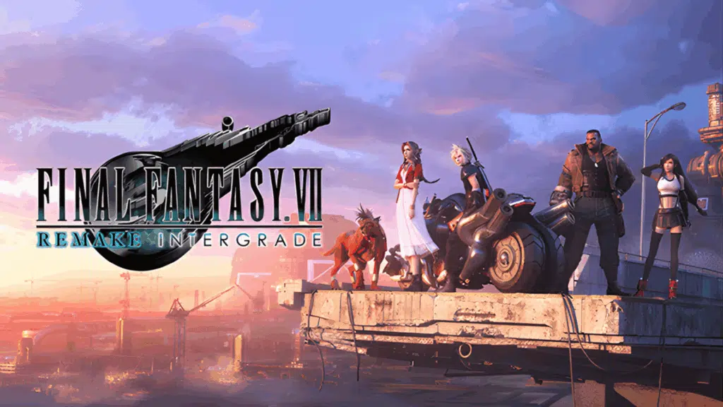 final fantasy vii remake intergrade artwork with characters standing on platform city background