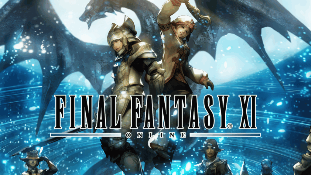 final fantasy xi online artwork with armored characters and glowing blue magical background