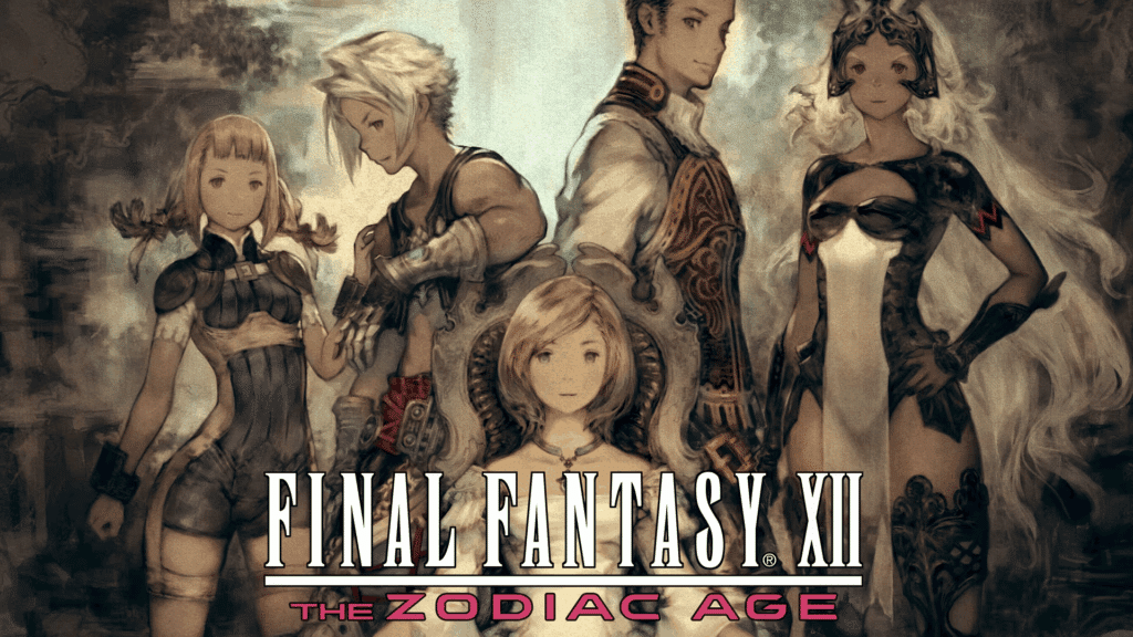 final fantasy xii the zodiac age artwork with group of characters in sepia tone style