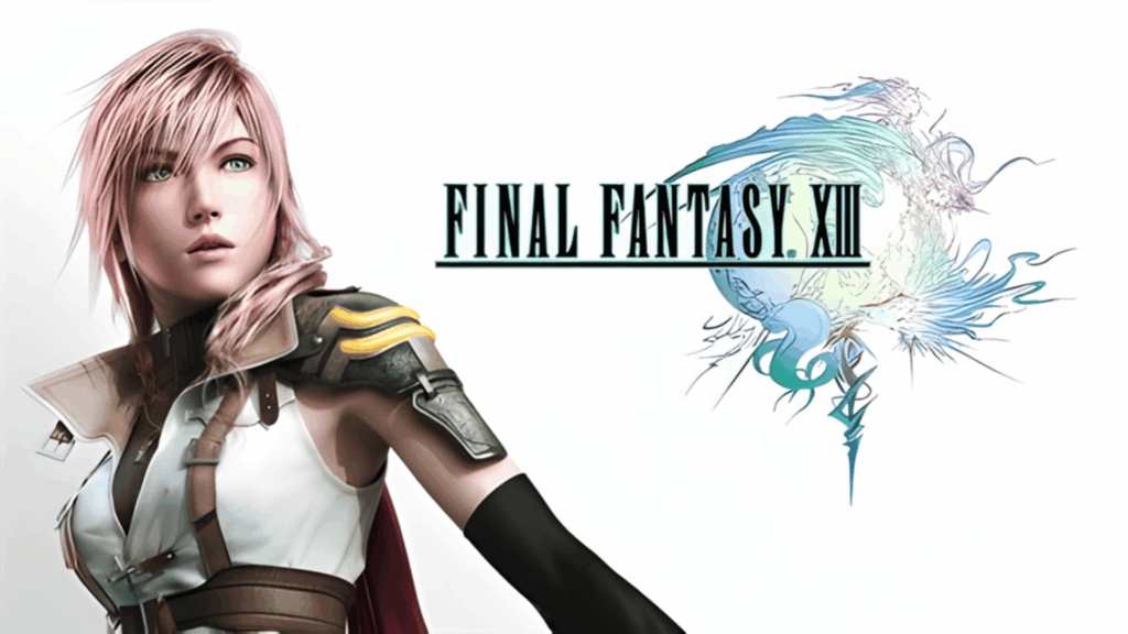final fantasy xiii artwork with lightning character and logo on white background