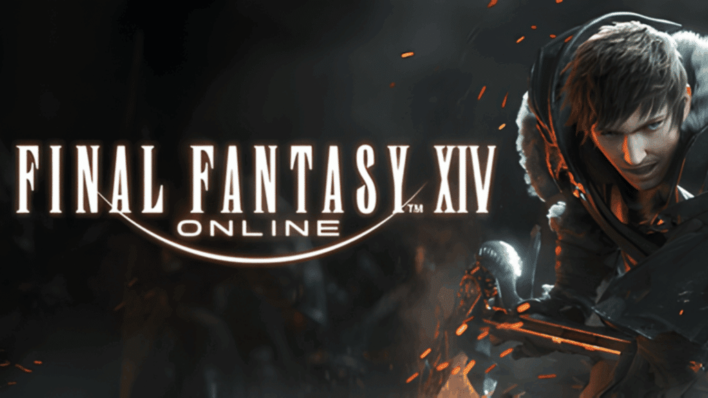final fantasy xiv online artwork with warrior character and fiery dark background