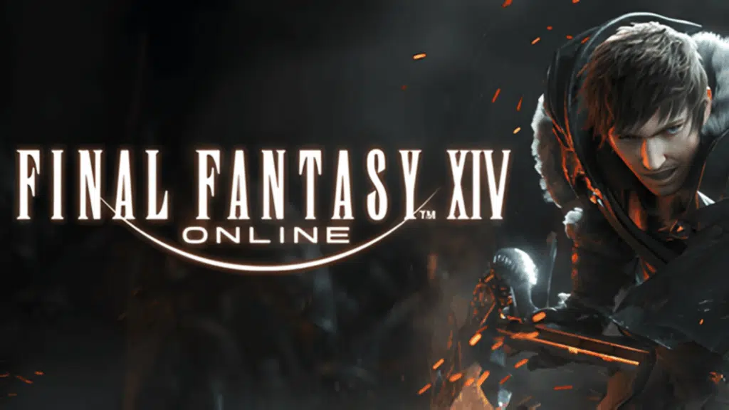 final fantasy xiv online artwork with warrior character and fiery dark background