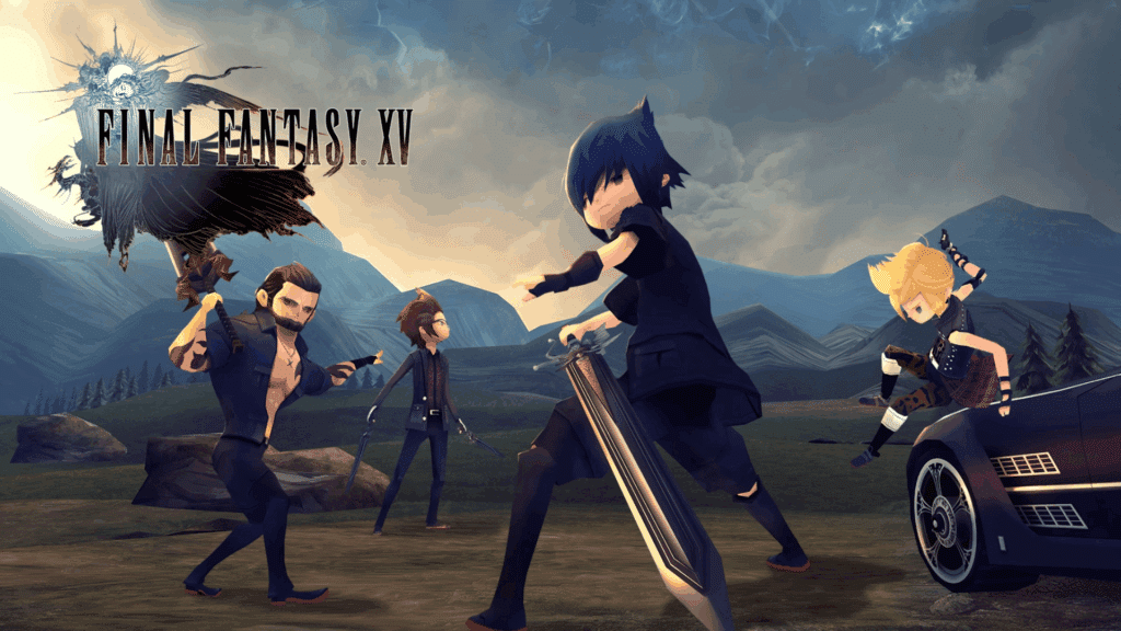 final fantasy xv artwork with four characters standing near car in open landscape