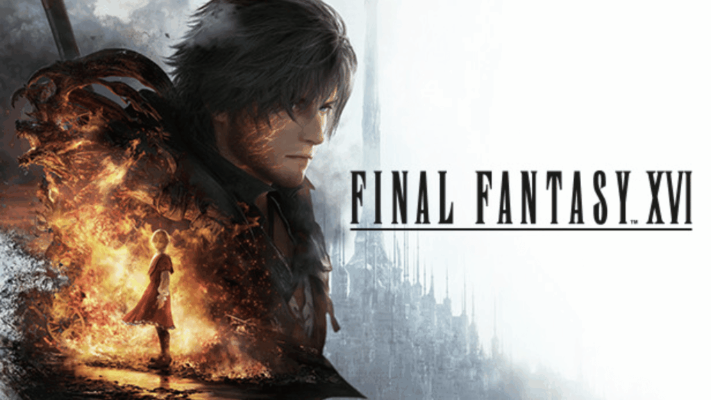 final fantasy xvi artwork with protagonist and fiery creature with dramatic lighting