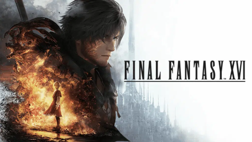 final fantasy xvi artwork with protagonist and fiery creature with dramatic lighting