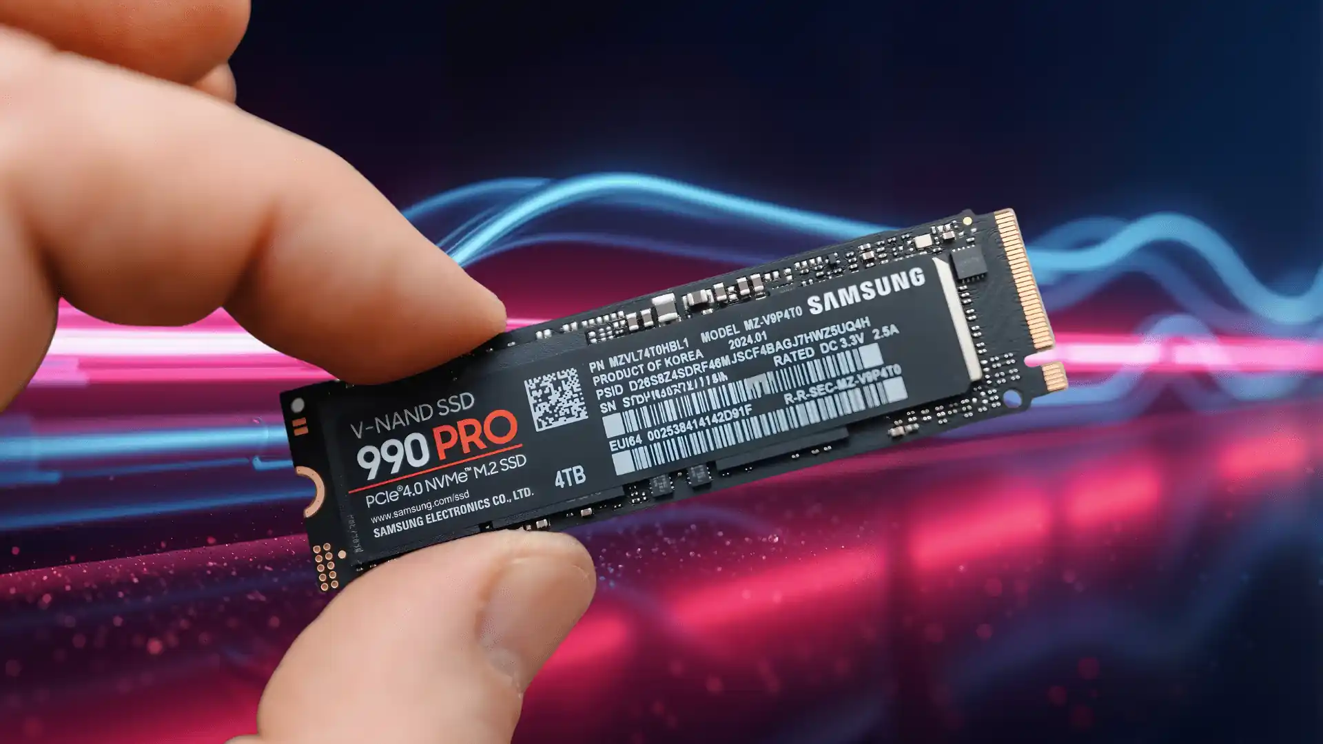 close up of samsung 990 pro SSD held in hand highlighting high-speed storage for gaming and professional use