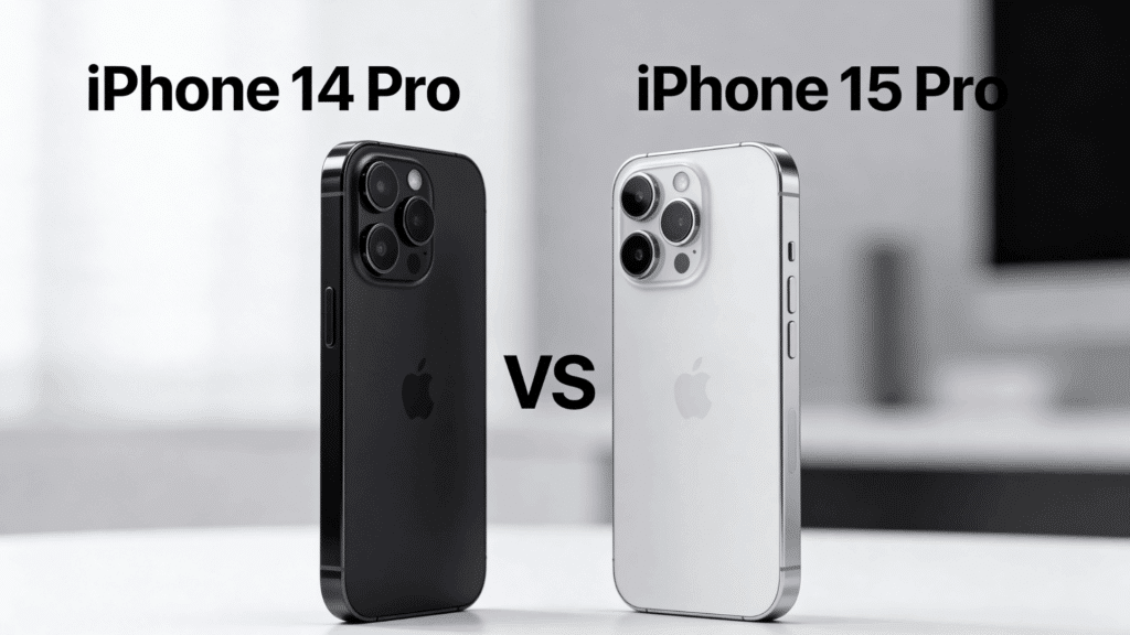 iPhone 14 Pro in black and iPhone 15 Pro in silver shown side by side with a bold “VS” text between them on a clean, blurred background.