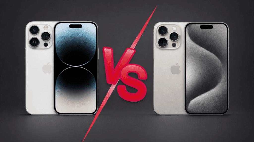 realistic side-by-side comparison of iPhone 14 Pro and iPhone 15 Pro with a bold red “VS” between them on a dark background.