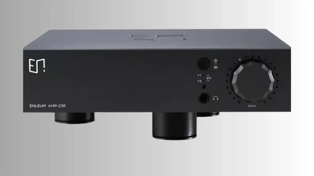 Enleum AMP-23R solid-state headphone amplifier with compact design delivering powerful output for high-end headphone listening
