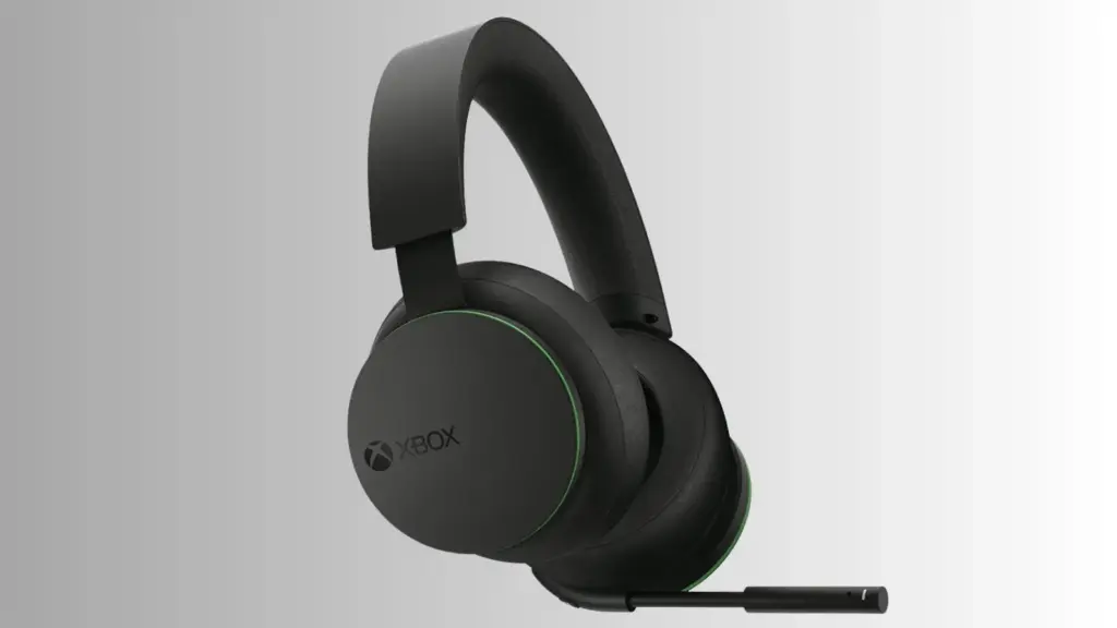Official Xbox wireless gaming headset placed beside an Xbox Series X console and controller on a desk with neutral background