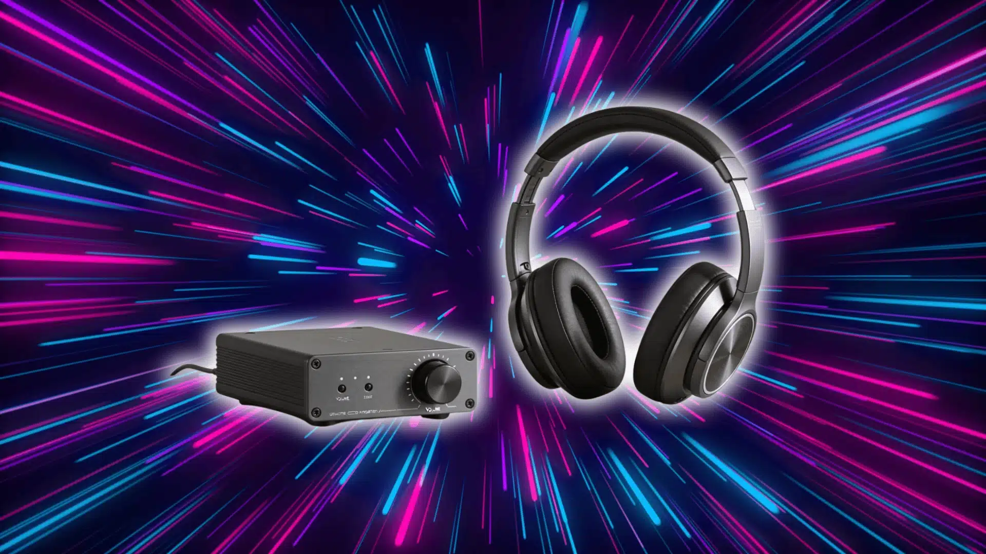 Over-ear headphones and a compact headphone amp against a vibrant neon light burst background.