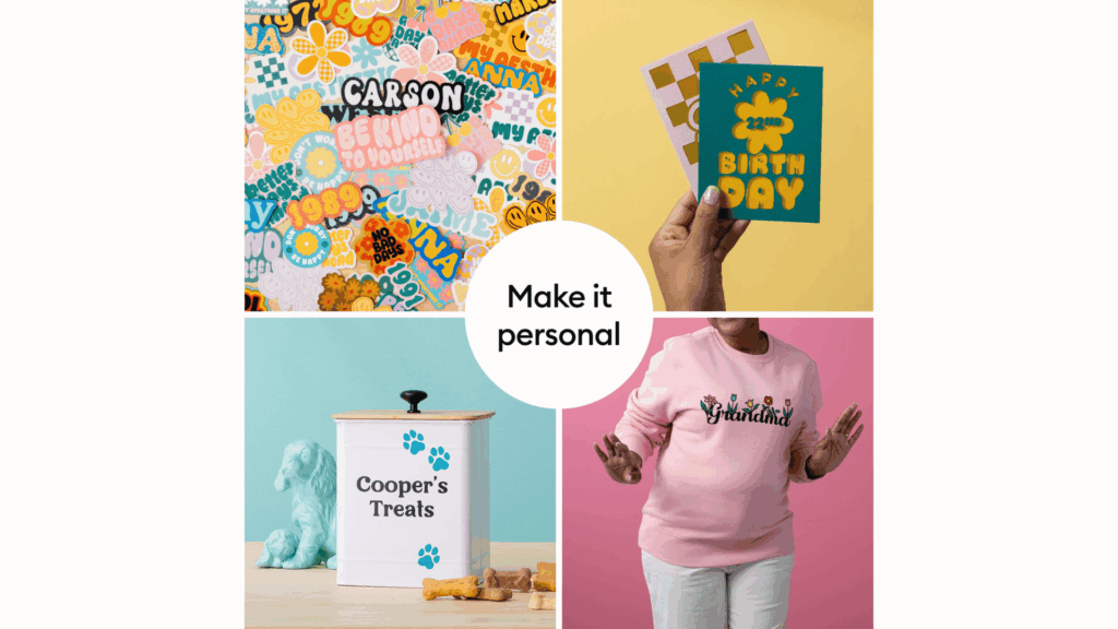 a four-panel graphic features custom stickers, a birthday card, a dog treat jar, and a floral sweatshirt.
