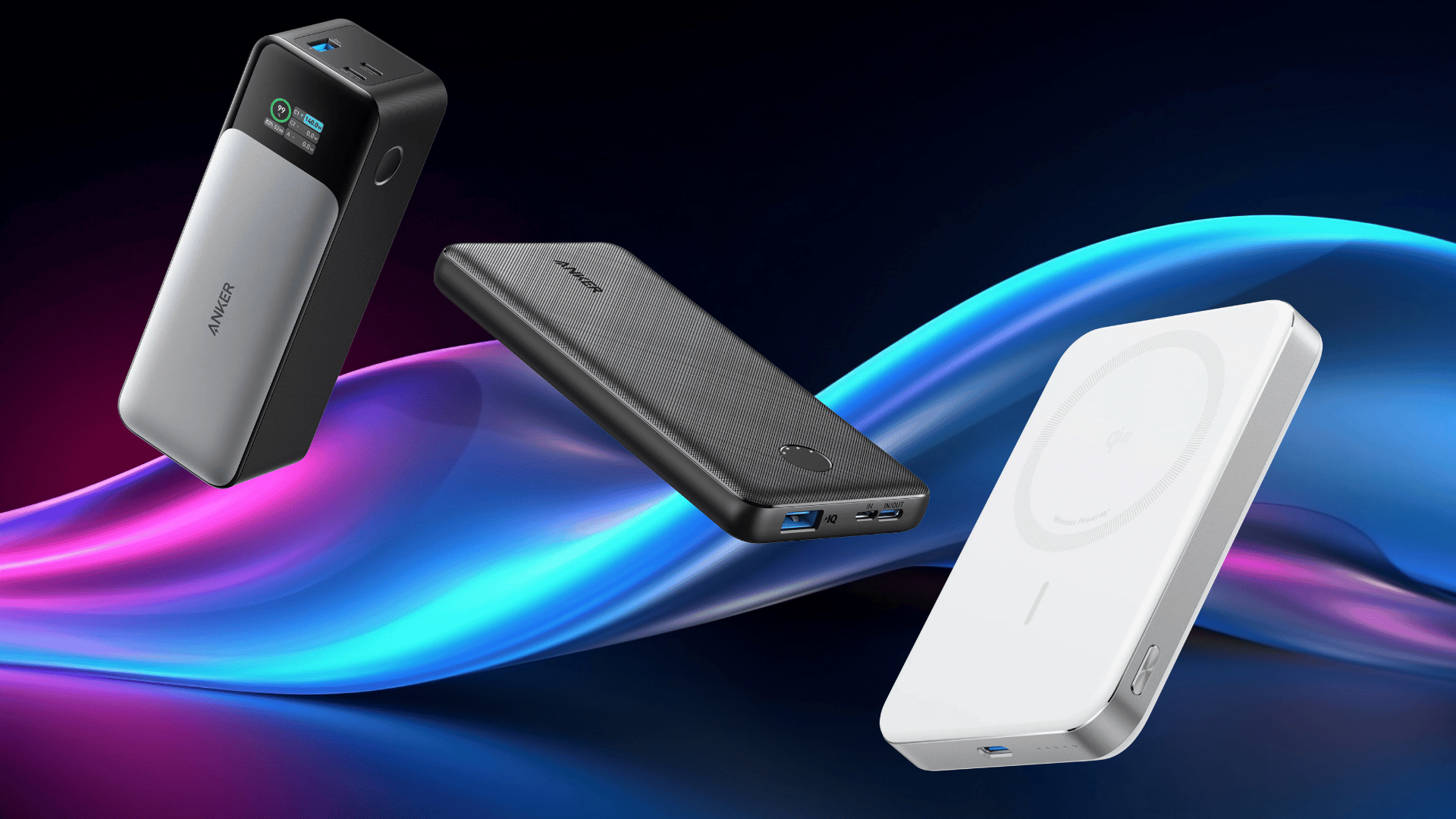 anker power bank lineup showing portable chargers with usb-c fast charging, wireless charging pad, and high-capacity battery options