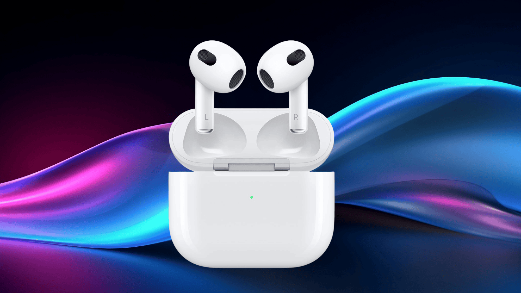 apple AirPods Pro 3 in white charging case with lid open, displayed against a colorful gradient background.
