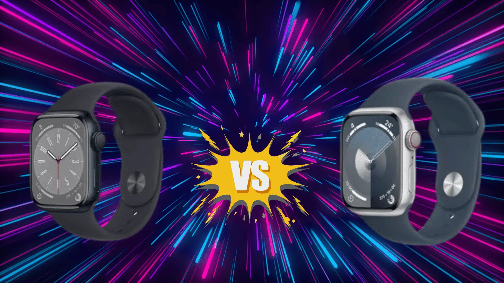 apple Watch Series 8 vs Series 9 comparison with both watches on vibrant background, highlighting design and feature differences