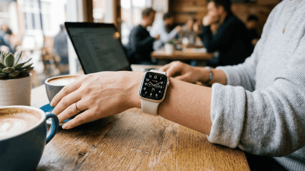 apple Watch on wrist being used in a cafe while working on a laptop