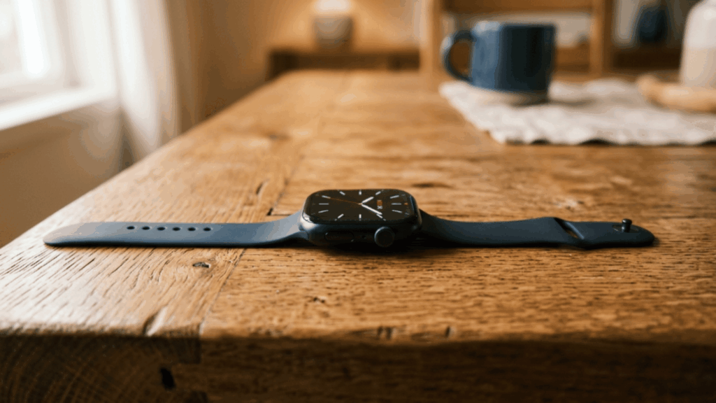 apple Watch placed on wooden table showing sleek design, side profile, and minimalist look in a home setting