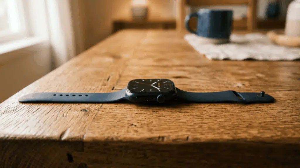 apple Watch placed on wooden table showing sleek design, side profile, and minimalist look in a home setting
