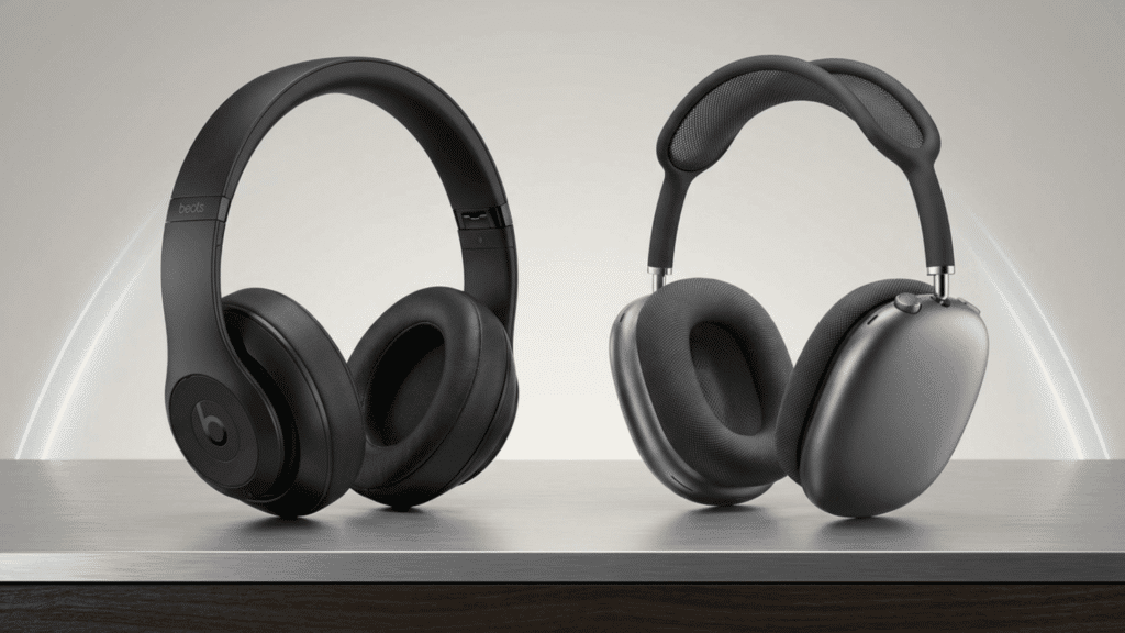 beats Studio Pro and airPods Max headphones side by side on table, showing design differences between lightweight and premium builds.