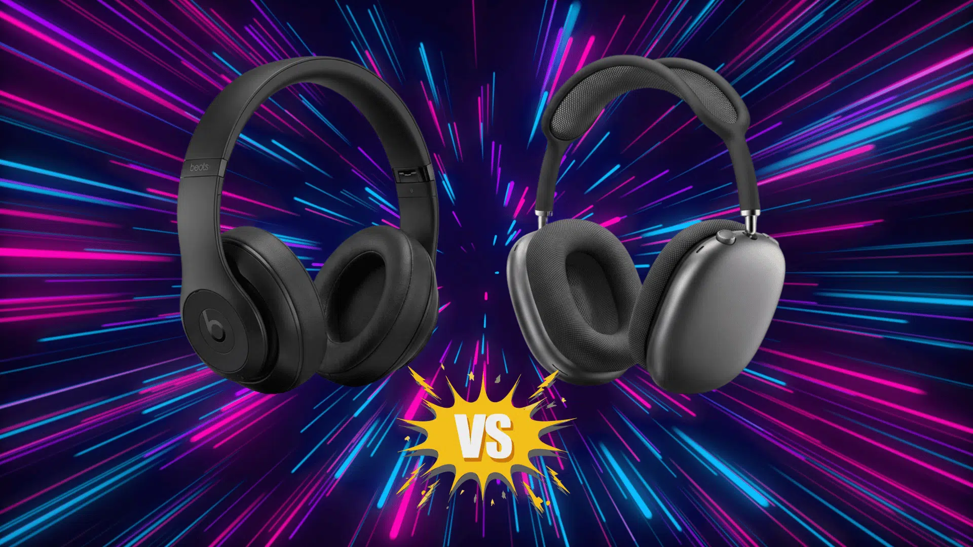 beats Studio Pro vs airPods Max comparison image with both headphones side by side on vibrant background highlighting design differences