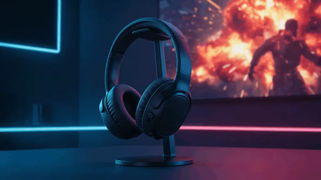 black over-ear wireless headphones on a desk with neon blue and pink lighting, action movie explosion scene on screen in the background. (1)