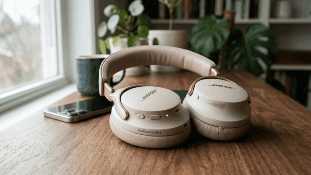 bose QuietComfort Ultra ANC headphones placed on a wooden desk with smartphone and plants in background, showcasing premium design.