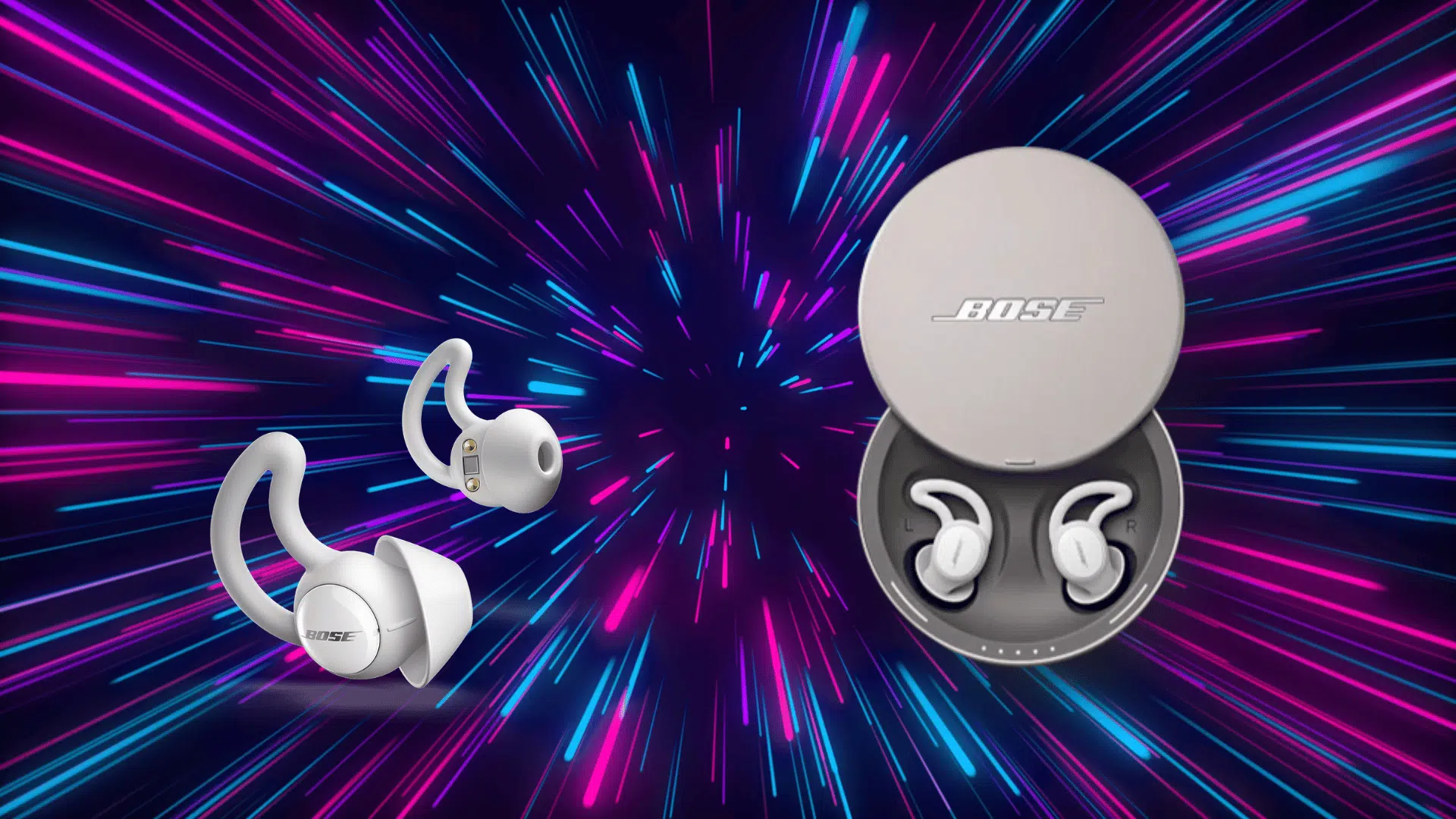 bose Sleepbuds and charging case shown on a colorful background, highlighting compact design, soft ear tips, and sleep-focused wireless earbuds setup