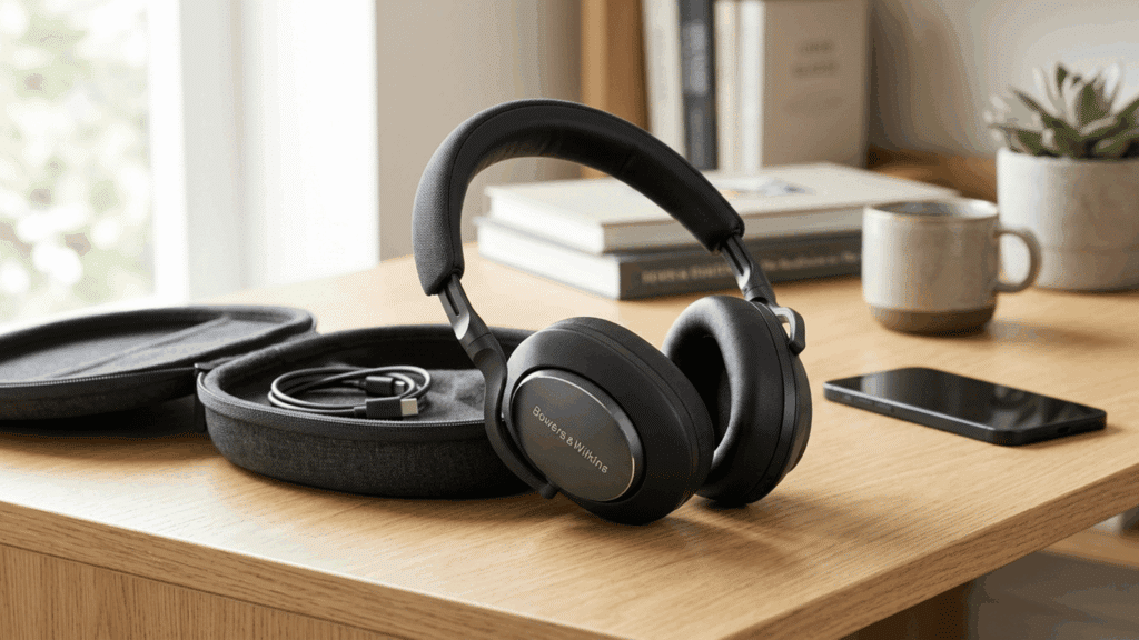 bowers & Wilkins Px7 S3 premium ANC headphones with case and accessories on desk, emphasizing luxury build and sound quality.