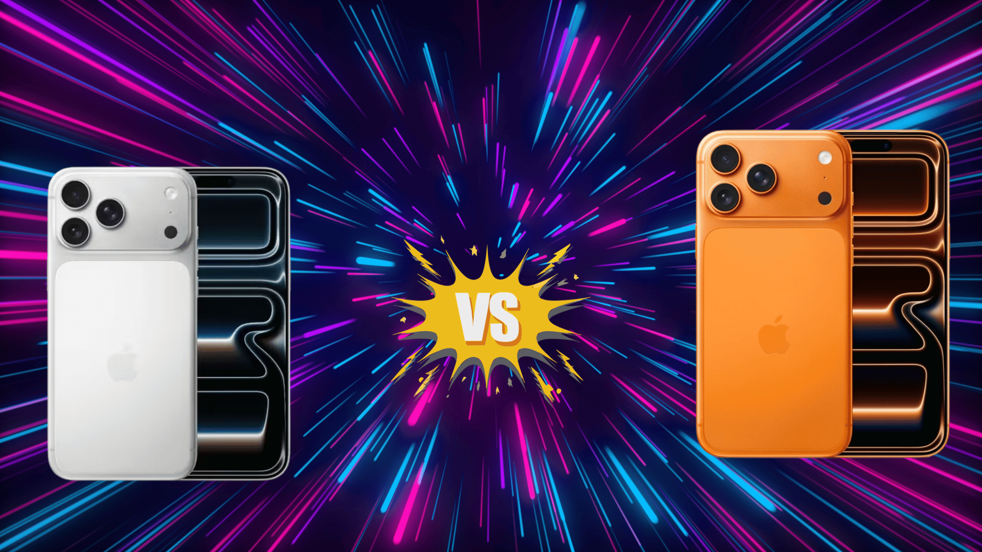 comparison image of iPhone 17 Pro and Pro Max with colorful background, highlighting design differences and features side by side