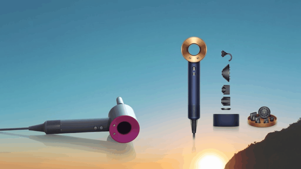 dyson Supersonic hair dryer with multiple styling attachments displayed, showing its hollow nozzle design and magnetic tools.