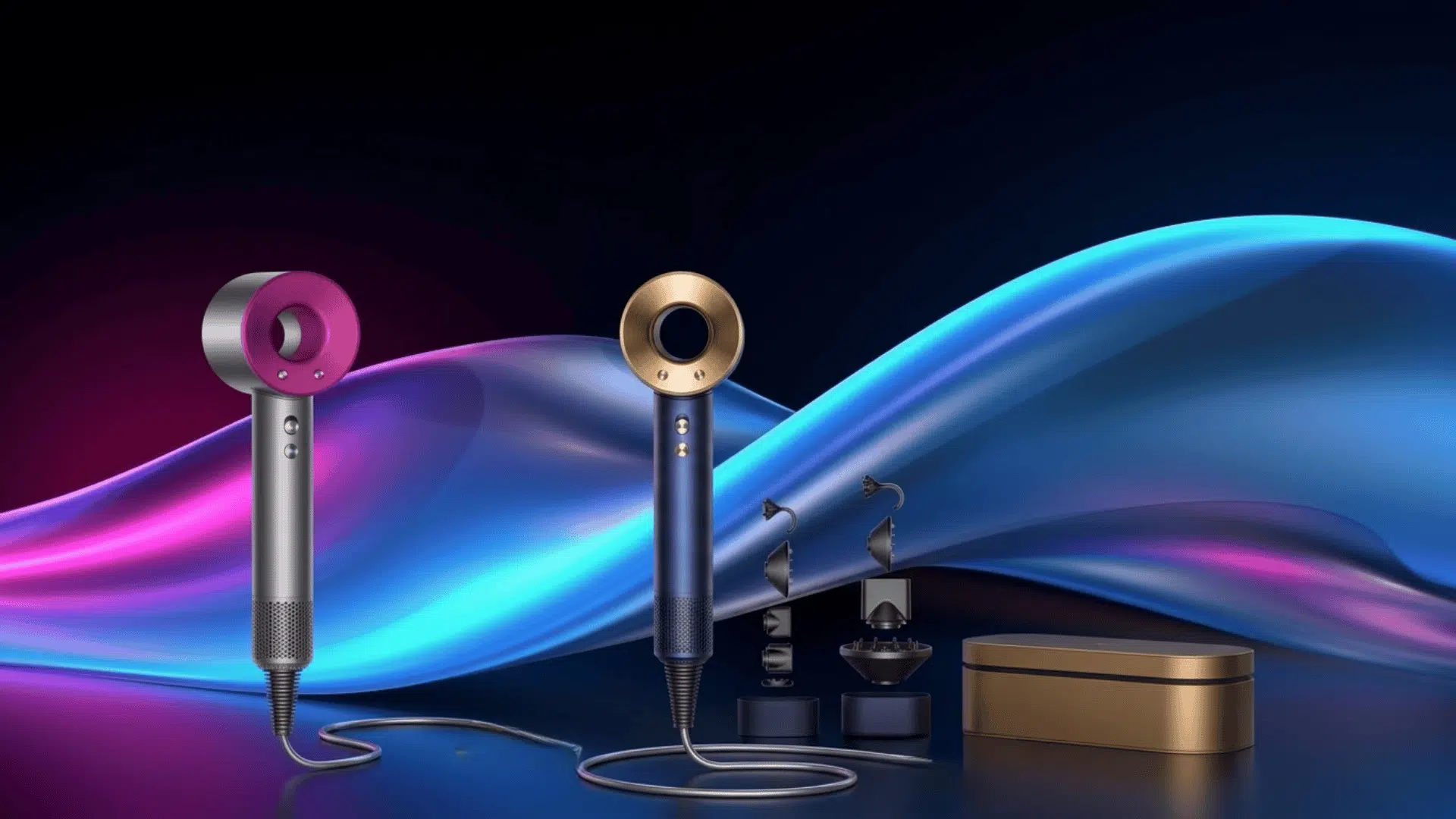 dyson Supersonic hair dryers in two colors with styling attachments and storage case displayed on a colorful gradient background.