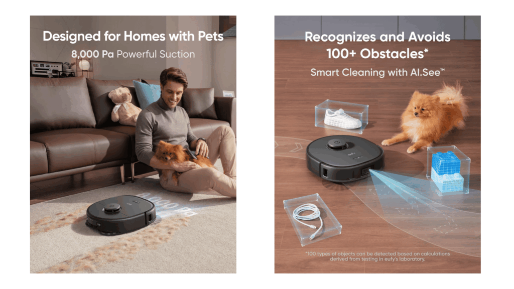 eufy x10 pro omni cleaning pet hair on carpet and using ai obstacle avoidance to navigate around household objects