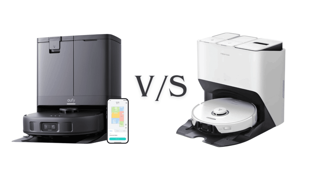eufy x10 pro omni vs roborock s8 pro ultra robot vacuums side by side with docking stations and smart app display
