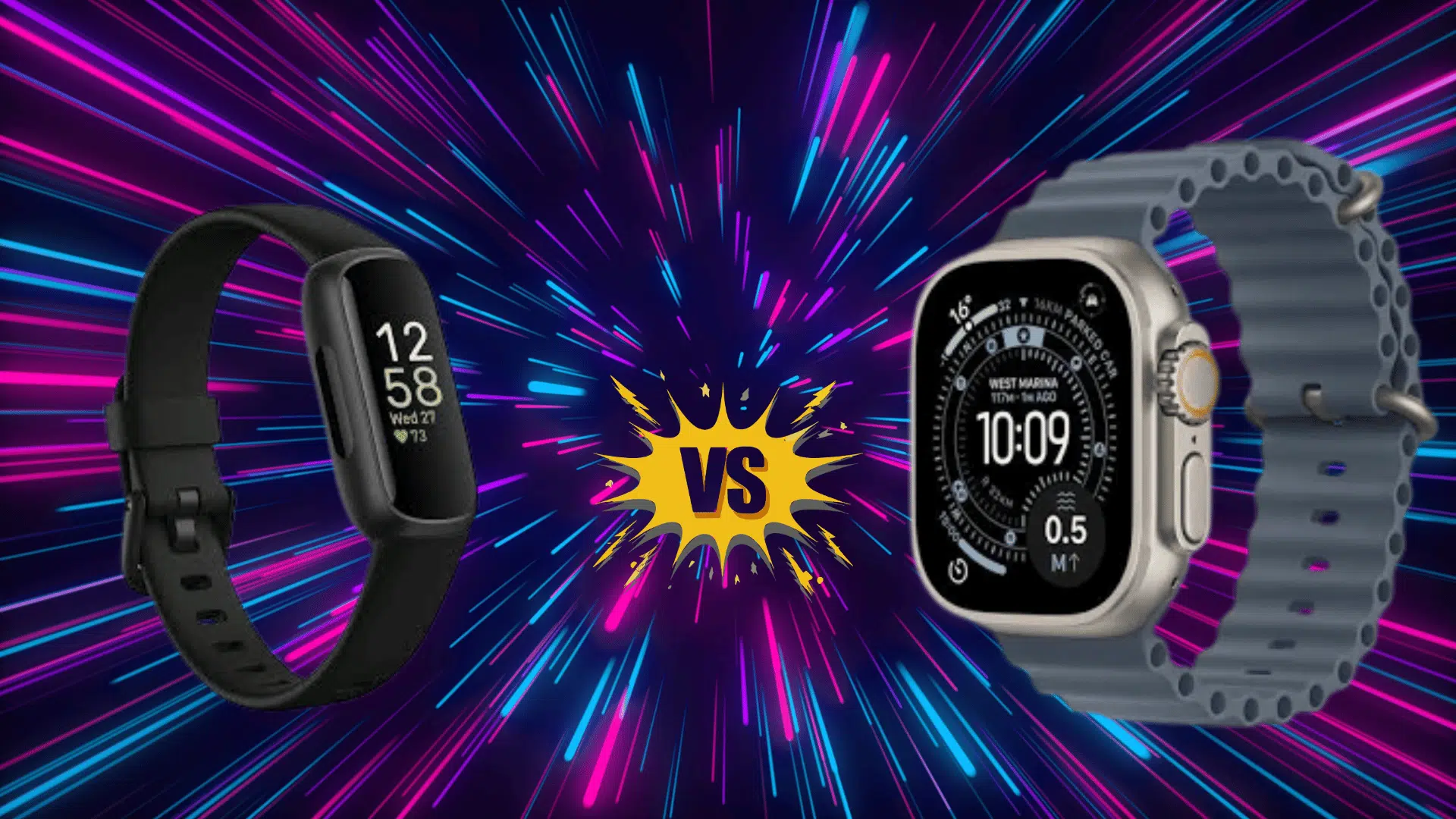 fitbit vs apple Watch comparison with both devices side by side on colorful background